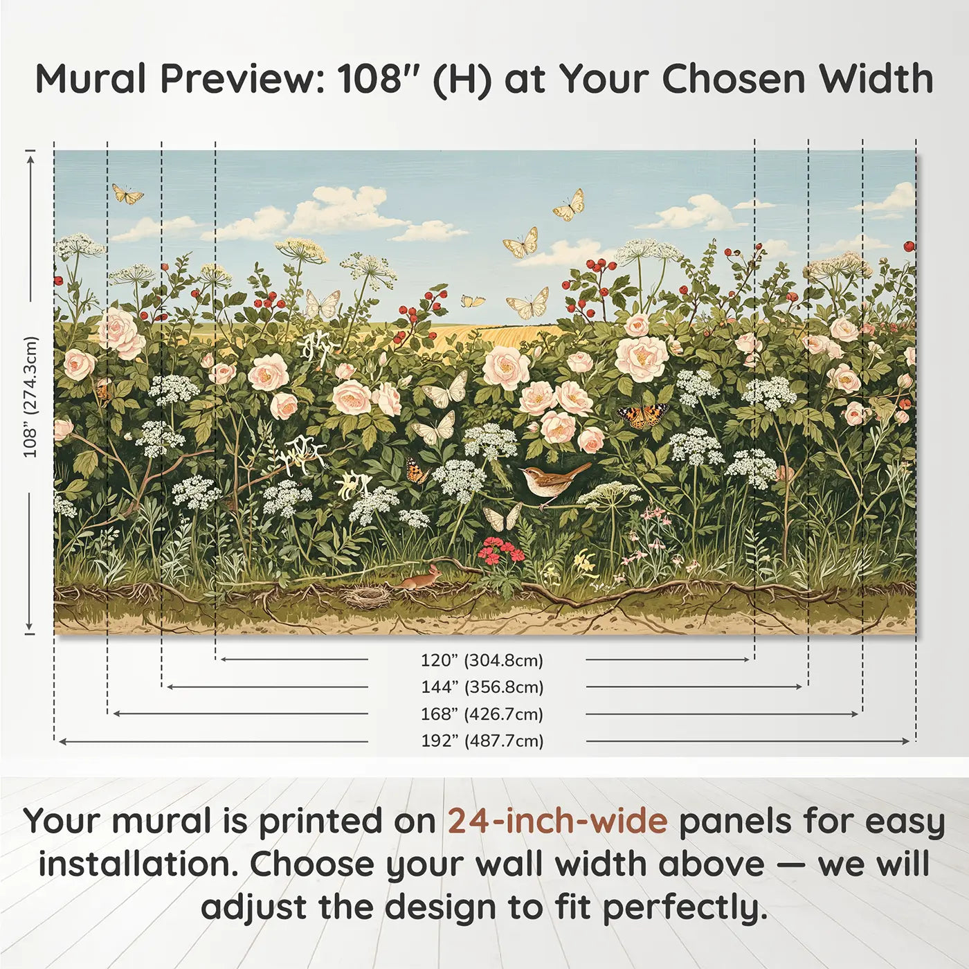 Panel layout and dimensions for Summer Hedgerow Butterfly Lane Wallpaper Mural by Whimsy Tots