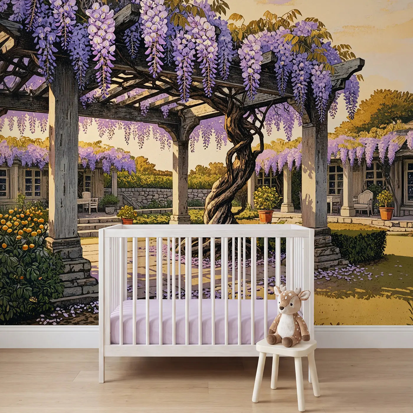 block print wisteria cascade pergola garden mural for nursery by Whimsy Tots
