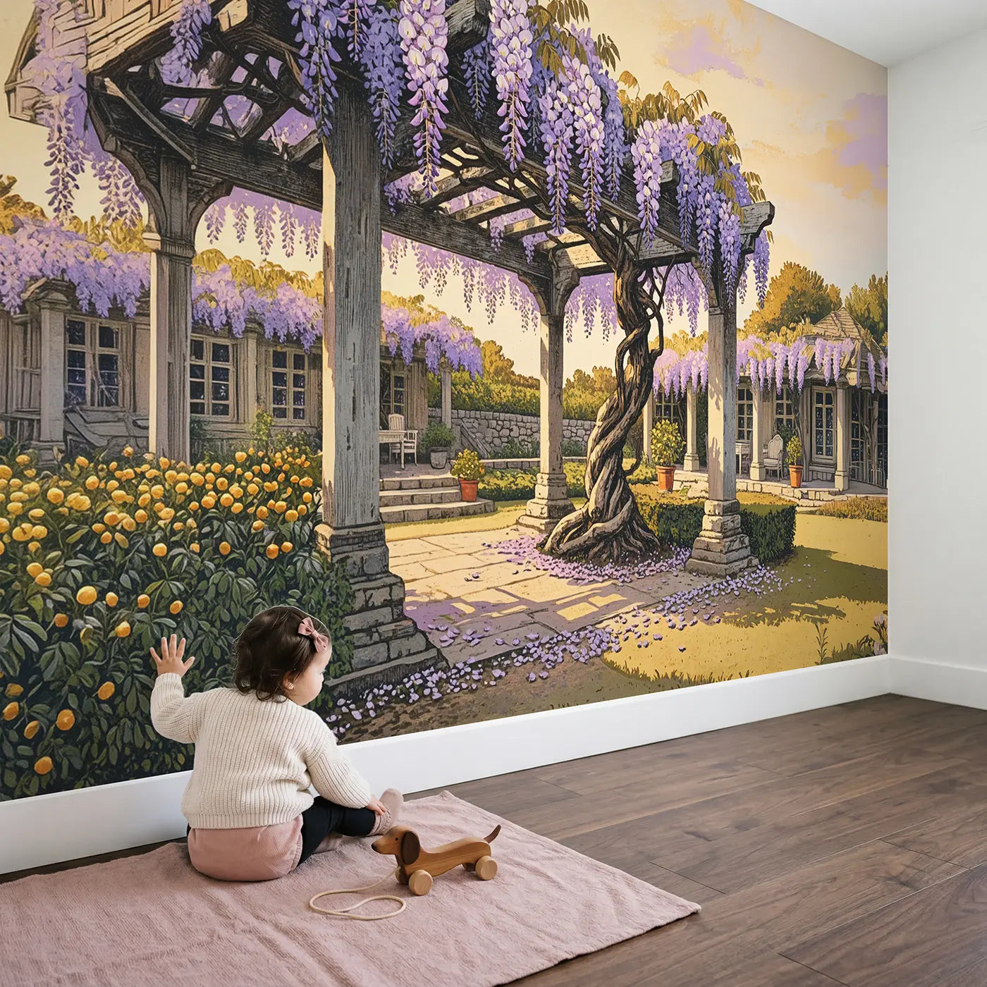 Child in nursery with Wisteria Cascade Pergola Garden Wallpaper Mural by Whimsy Tots