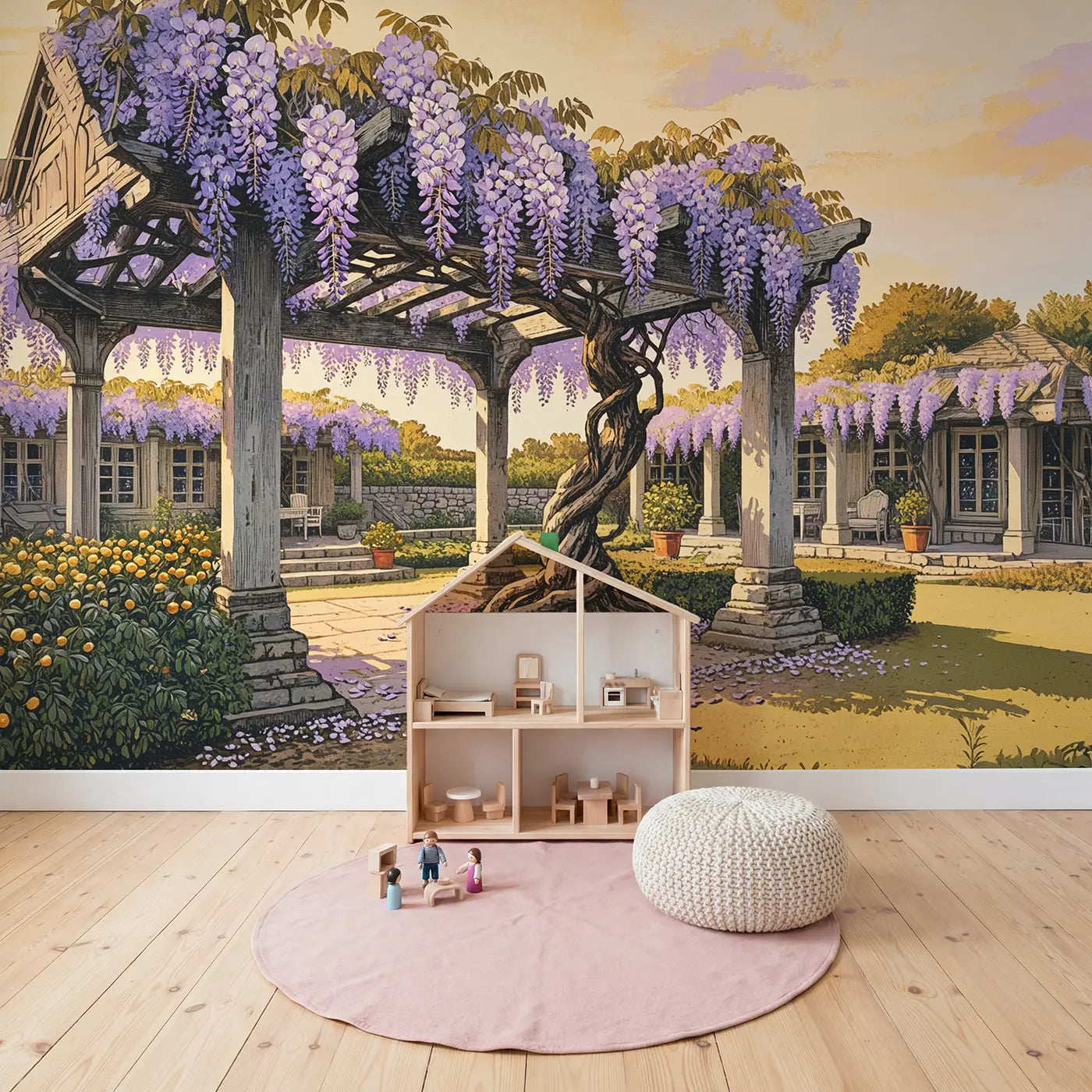 Wisteria Cascade Pergola Garden Wallpaper Mural in playroom setting by Whimsy Tots