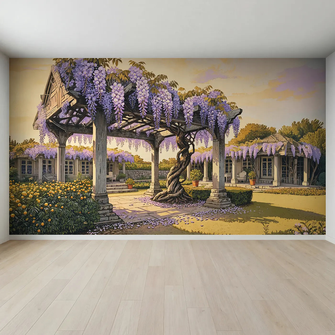 Full view of Wisteria Cascade Pergola Garden Wallpaper Mural by Whimsy Tots