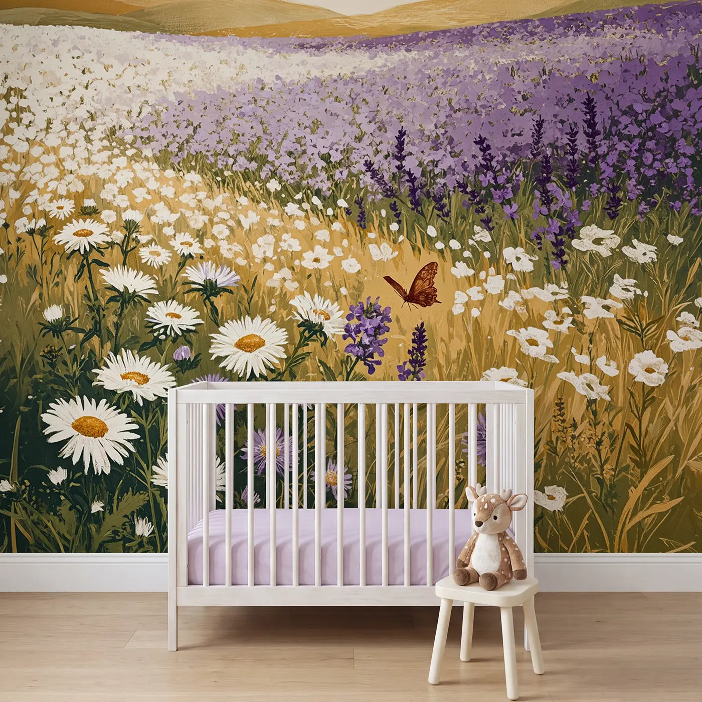 Block print wildflower floral meadow wallpaper mural for nursery by Whimsy Tots