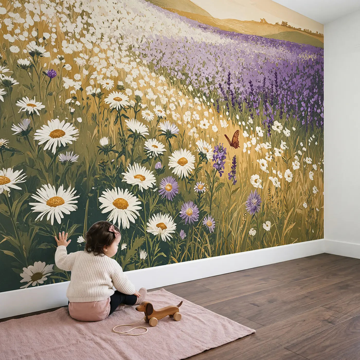 Child in nursery with Ombre Wildflower Meadow Wallpaper Mural by Whimsy Tots