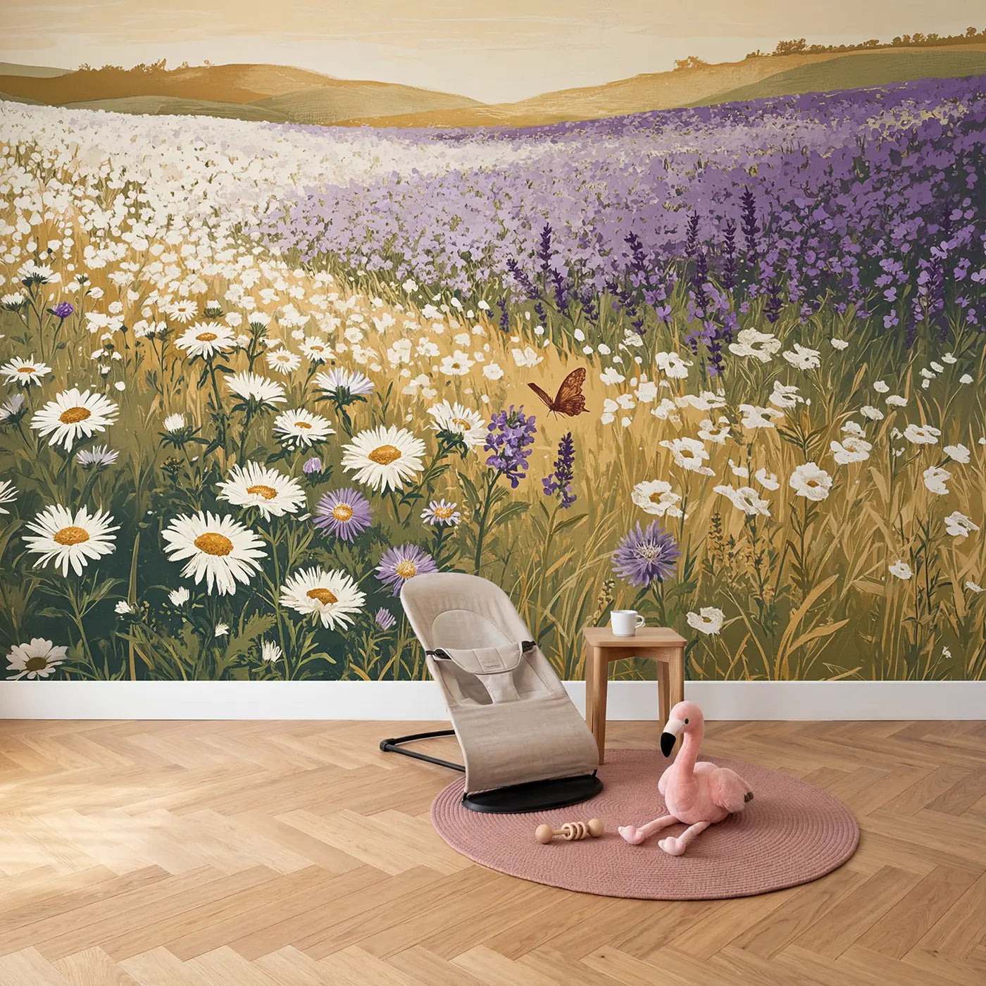 Ombre Wildflower Meadow Wallpaper Mural in playroom setting by Whimsy Tots