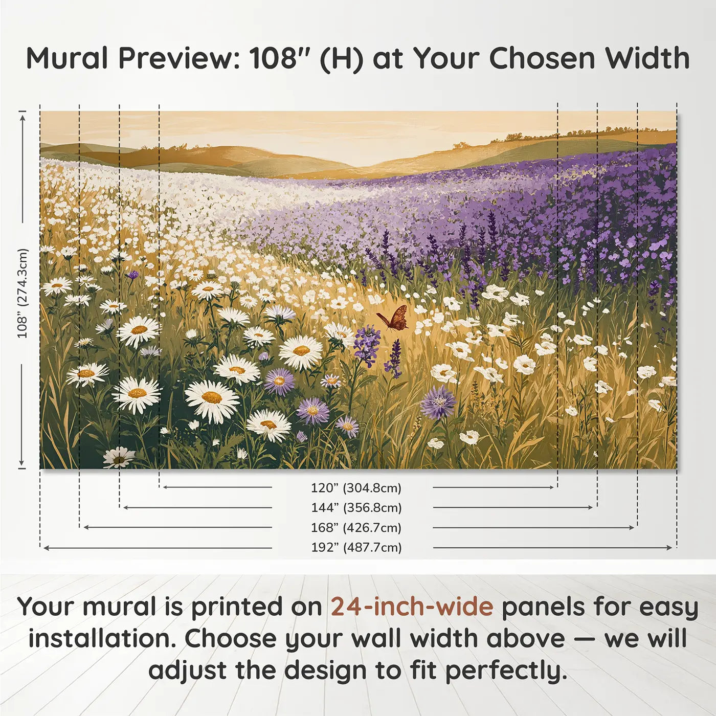 Panel layout and dimensions for Ombre Wildflower Meadow Wallpaper Mural by Whimsy Tots