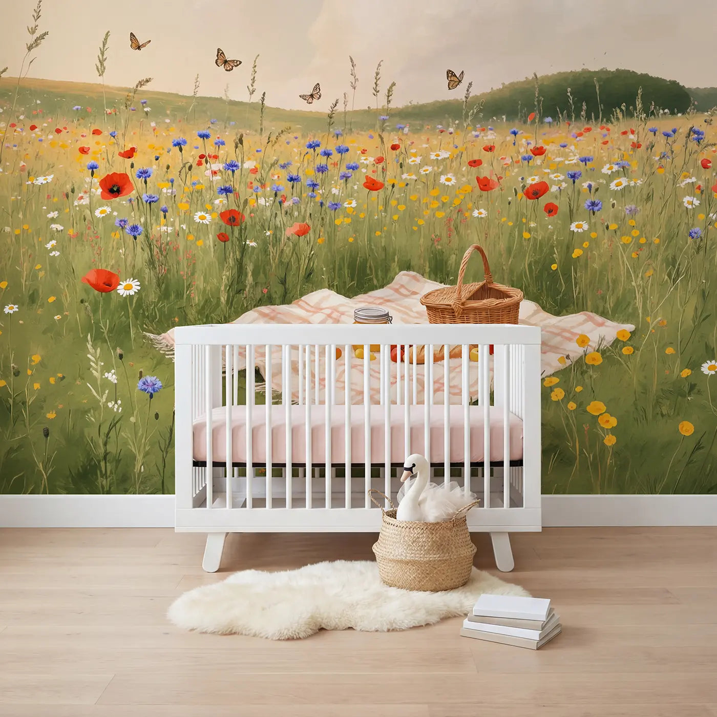 Soft pastel wildflower meadow butterfly picnic wallpaper mural for nursery by Whimsy Tots