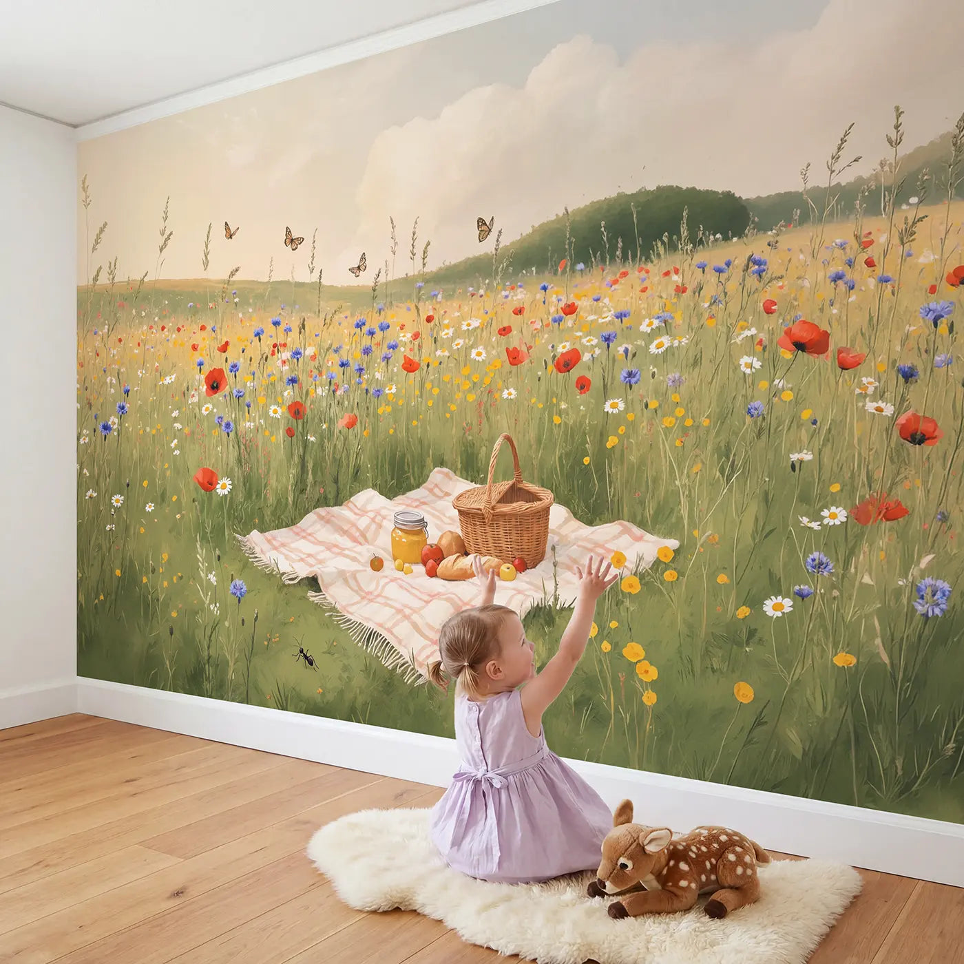 Child in nursery with Wildflower Picnic Meadow Wallpaper Mural by Whimsy Tots