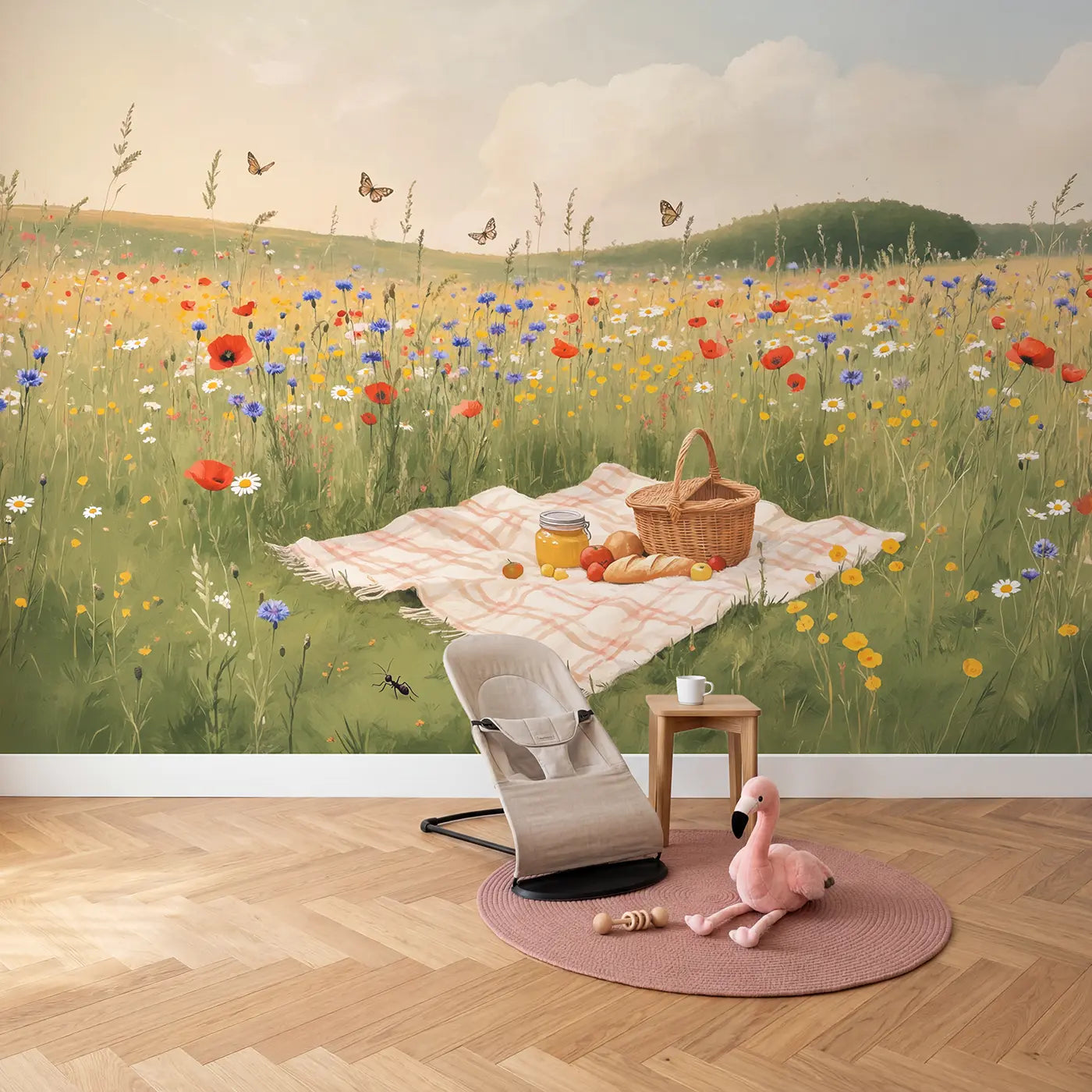 Wildflower Picnic Meadow Wallpaper Mural in playroom setting by Whimsy Tots