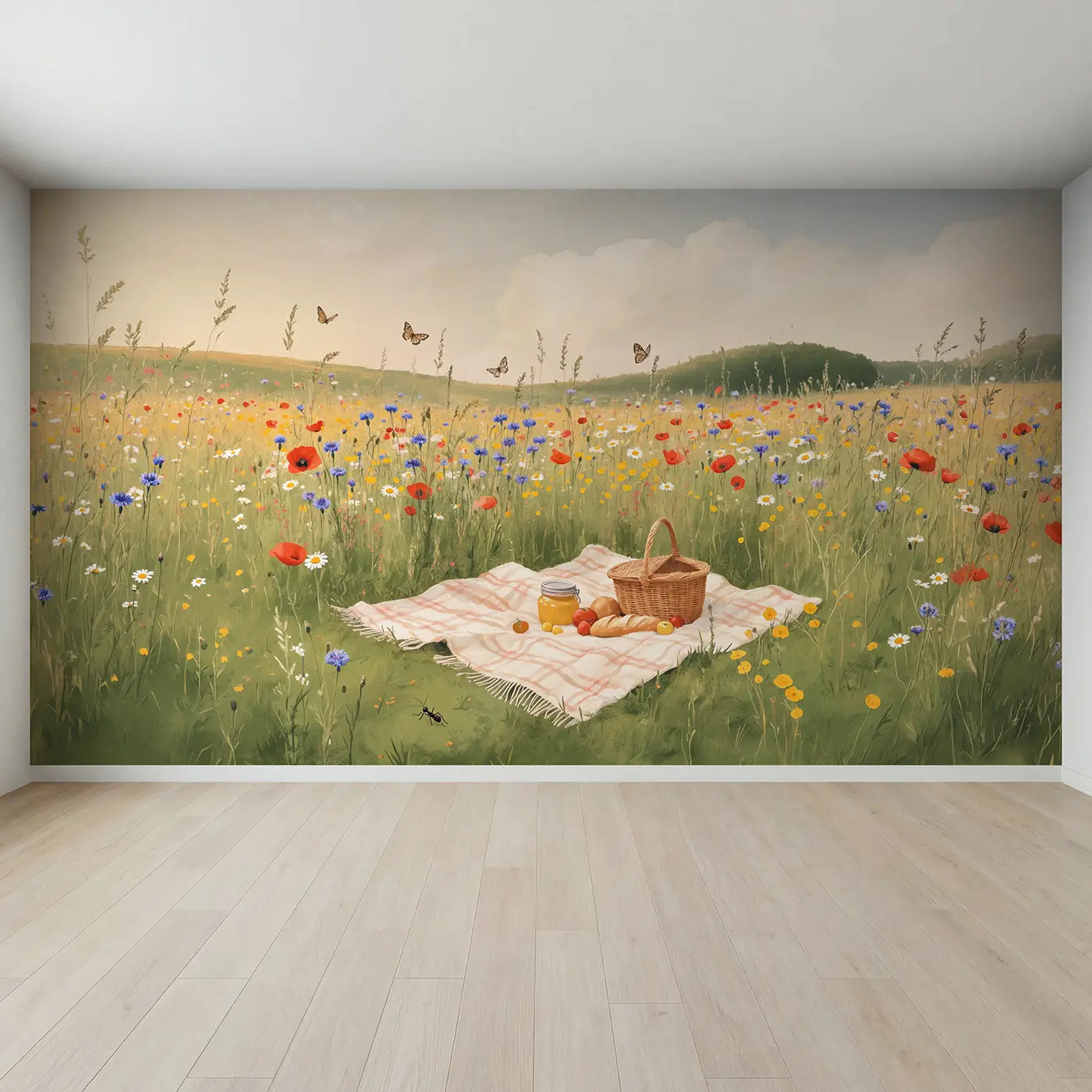 Full view of Wildflower Picnic Meadow Wallpaper Mural by Whimsy Tots