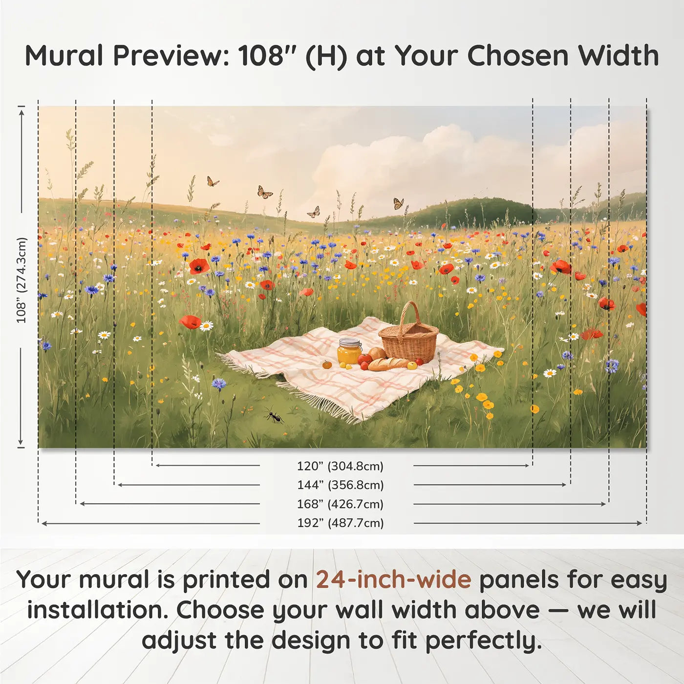 Panel layout and dimensions for Wildflower Picnic Meadow Wallpaper Mural by Whimsy Tots