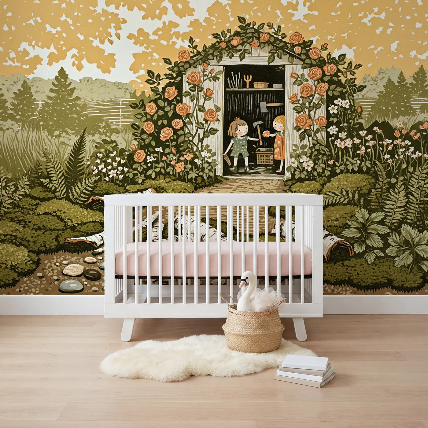block print garden shed doorway flowers wallpaper mural for nursery by Whimsy Tots