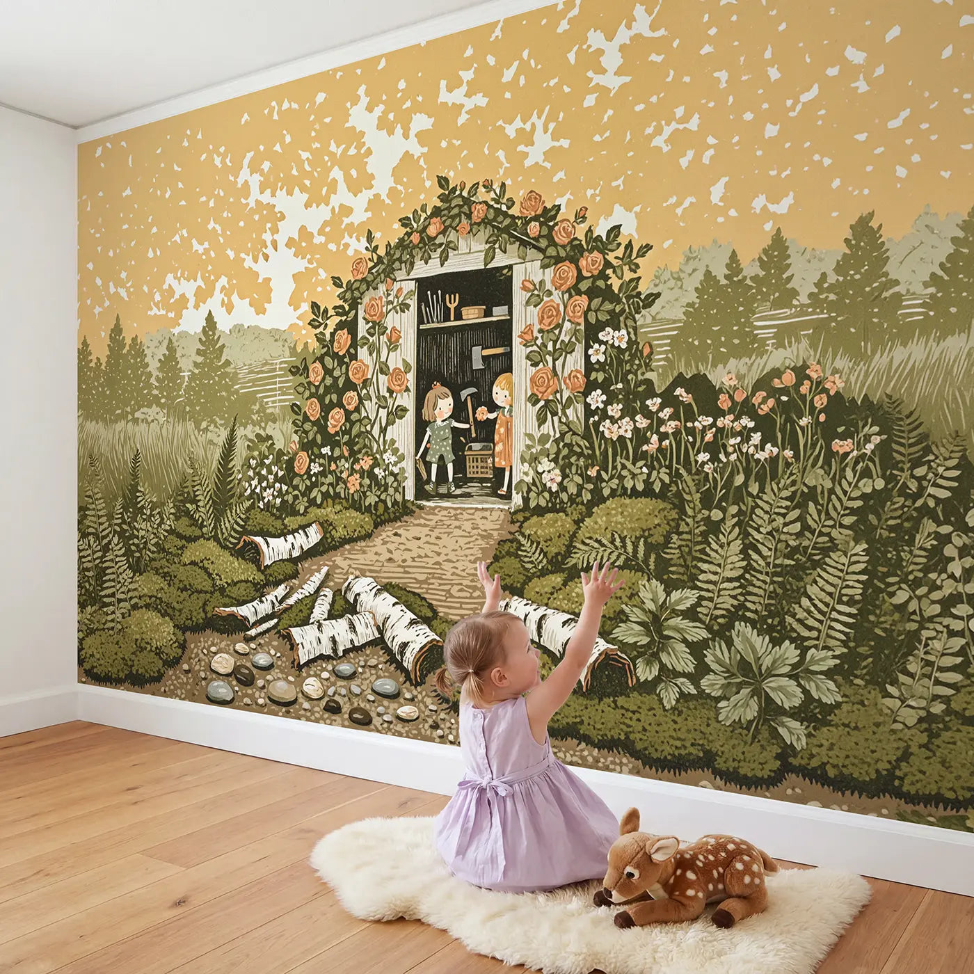Child in nursery with Garden Shed Doorway Framed Wallpaper Mural by Whimsy Tots
