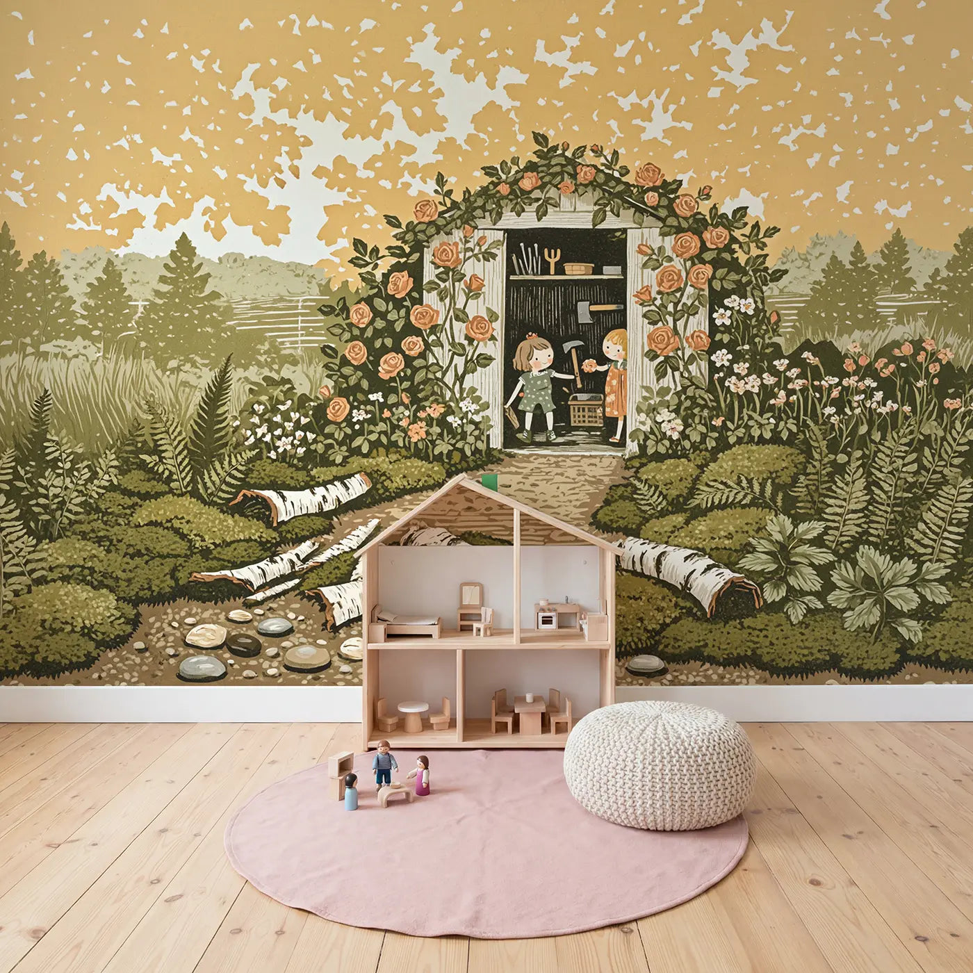 Garden Shed Doorway Framed Wallpaper Mural in playroom setting by Whimsy Tots