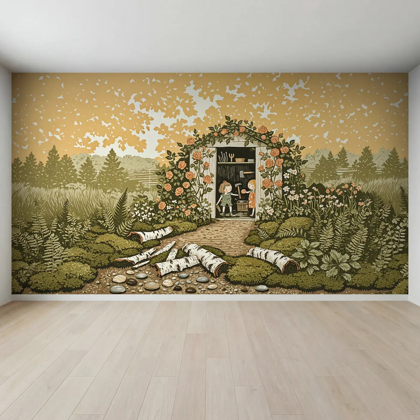 Full view of Garden Shed Doorway Framed Wallpaper Mural by Whimsy Tots