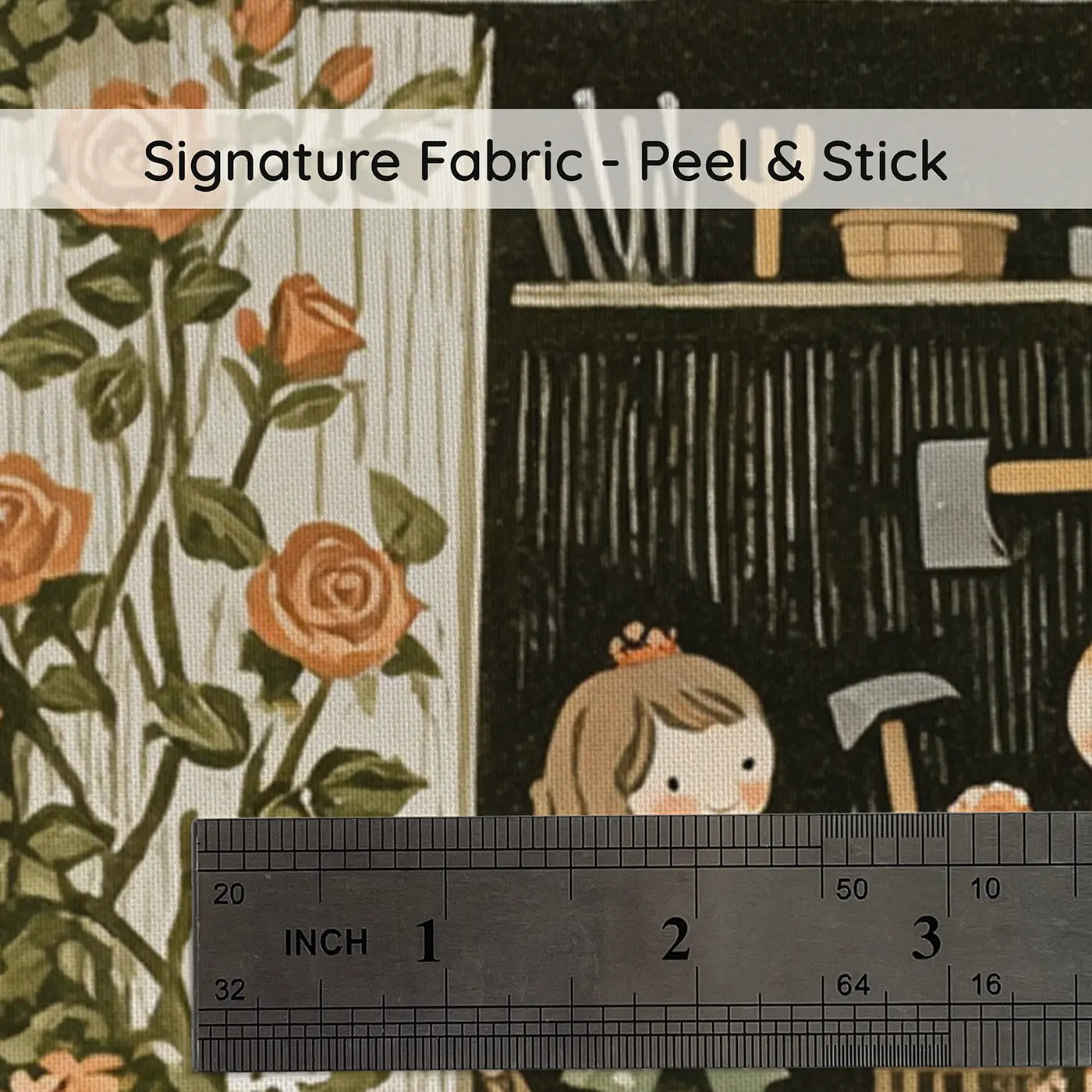 Fabric texture close-up of Garden Shed Doorway Framed Wallpaper Mural by Whimsy Tots