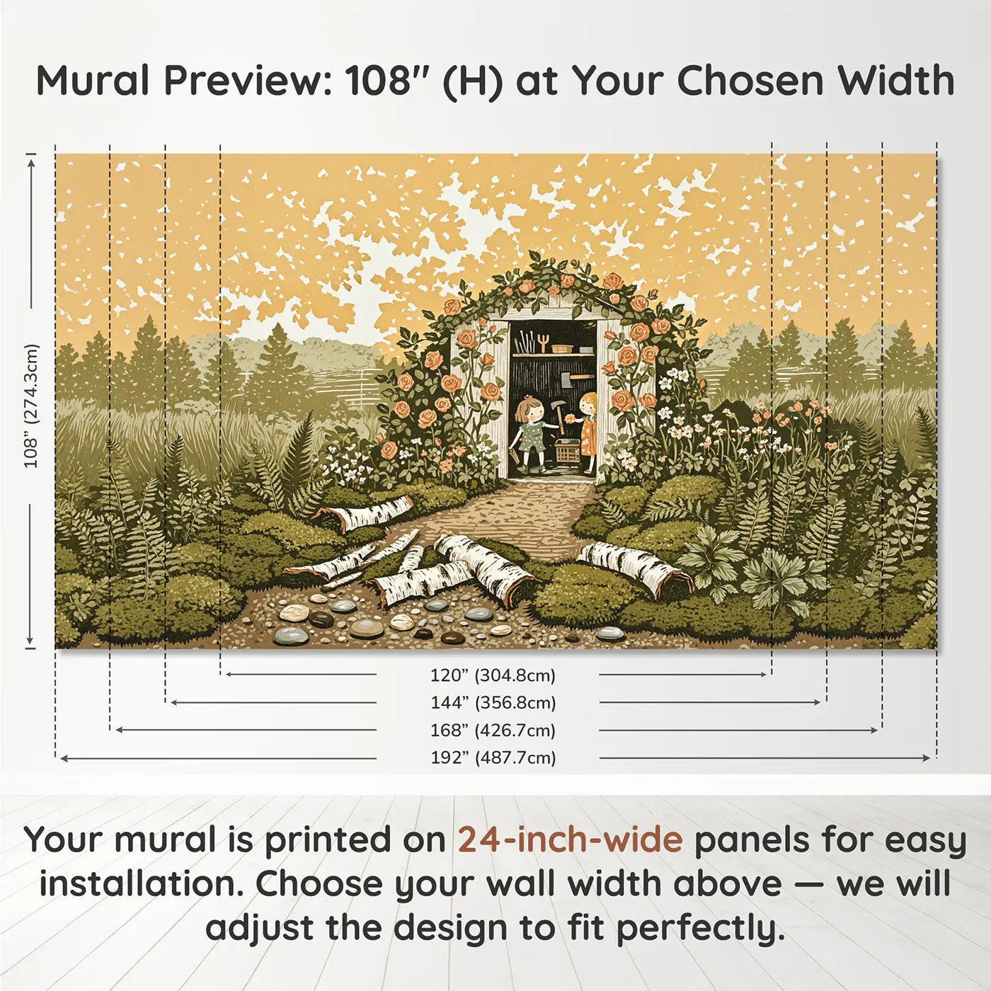 Panel layout and dimensions for Garden Shed Doorway Framed Wallpaper Mural by Whimsy Tots