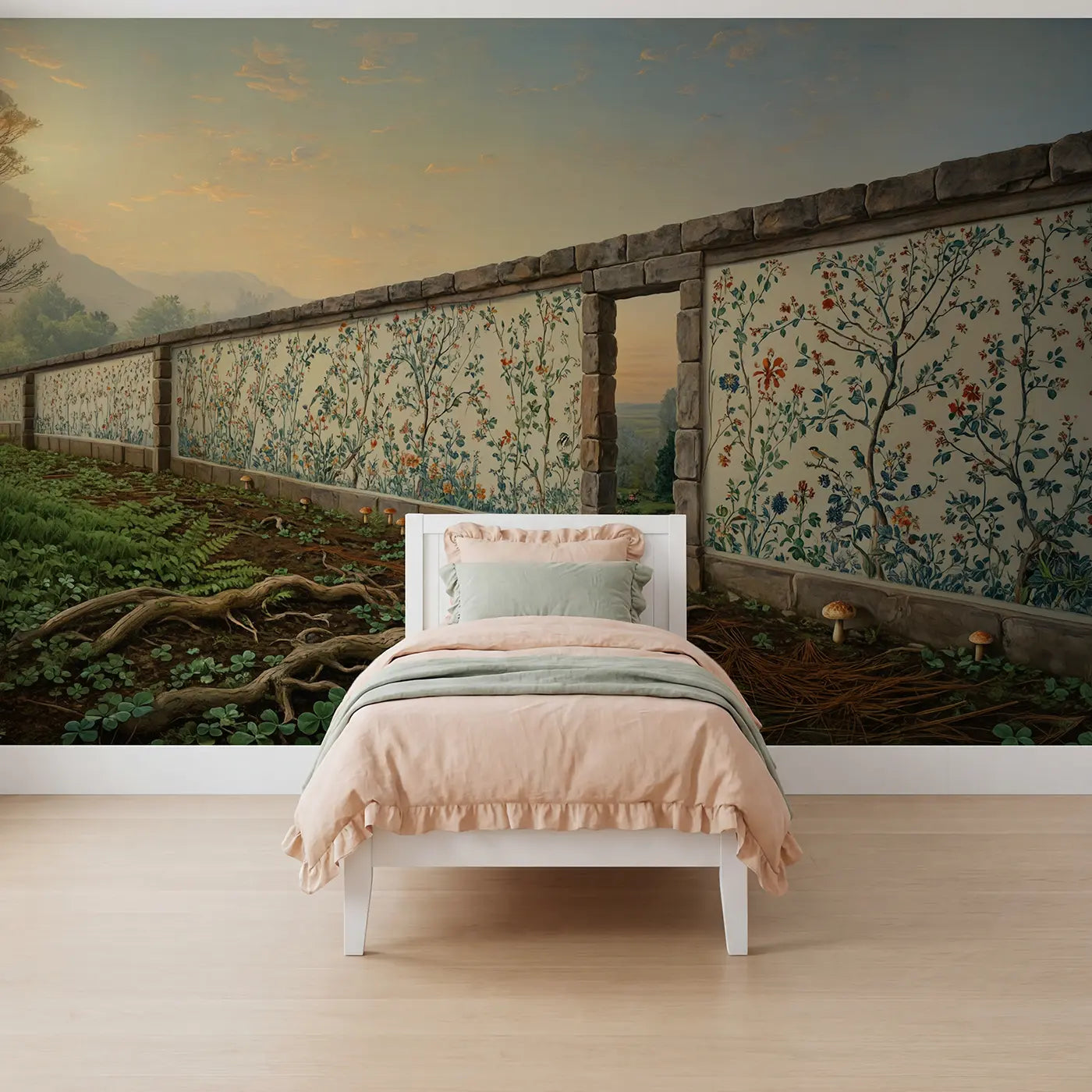 Botanical elegance garden gate flowers wallpaper mural for girls room by Whimsy Tots