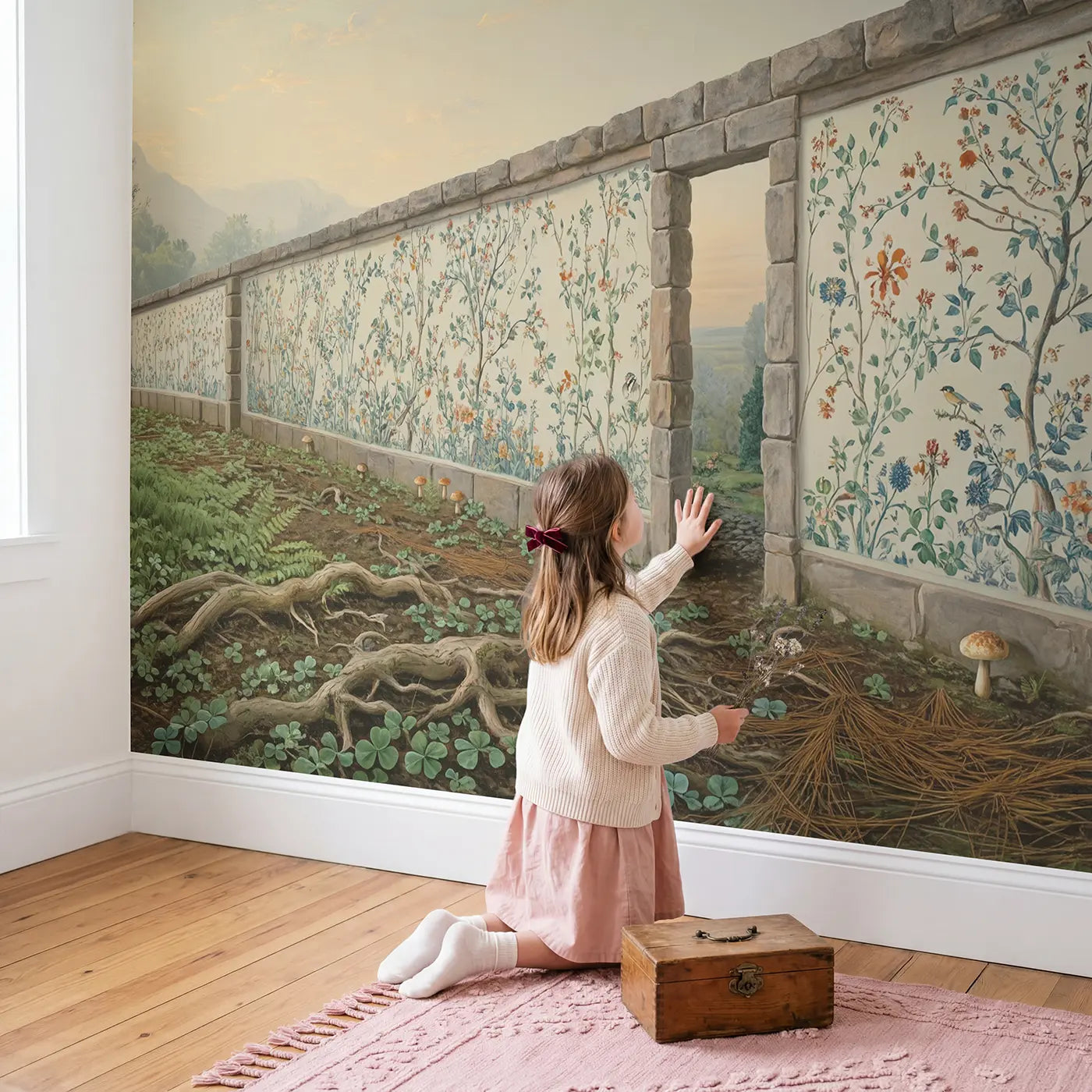 Child in nursery with Garden Gate Halfopen Revealing Wallpaper Mural by Whimsy Tots
