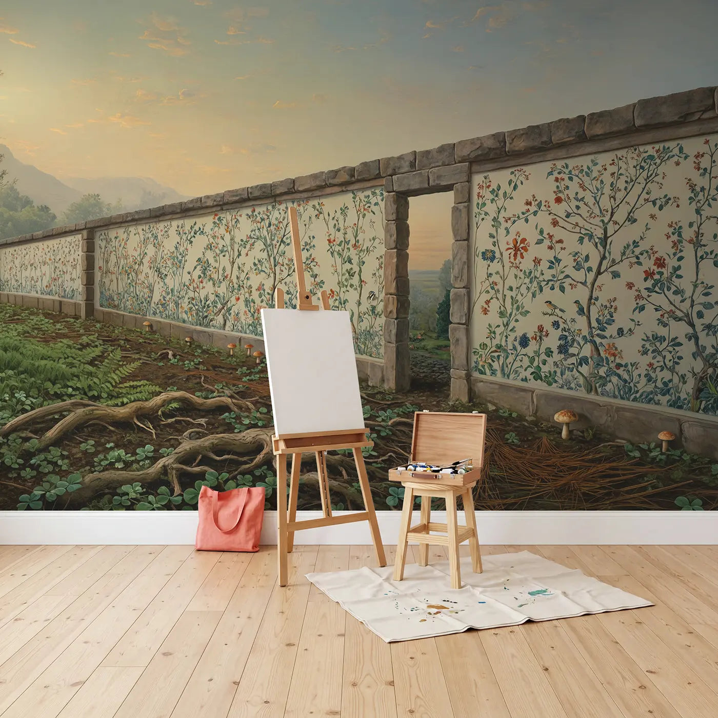 Garden Gate Halfopen Revealing Wallpaper Mural in playroom setting by Whimsy Tots