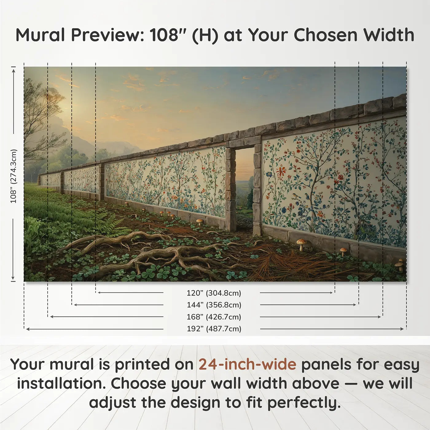 Panel layout and dimensions for Garden Gate Halfopen Revealing Wallpaper Mural by Whimsy Tots