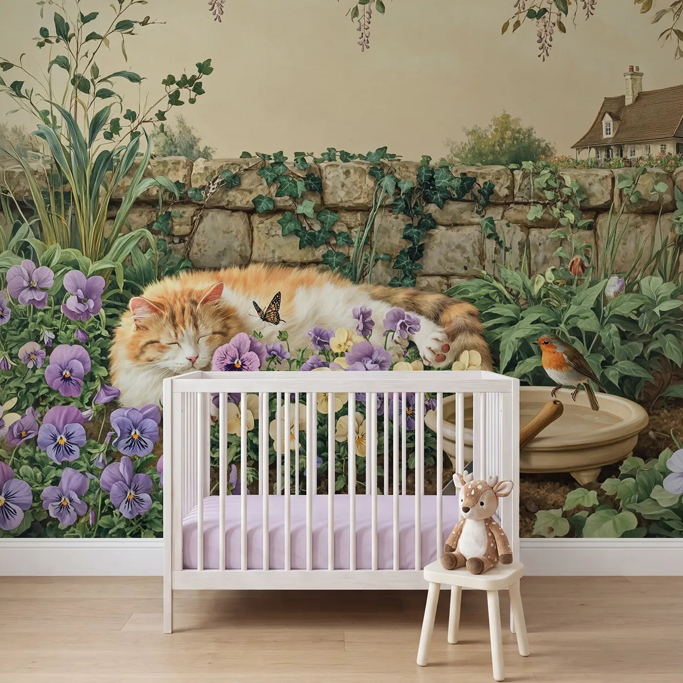Botanical elegance pansy garden cat wallpaper mural for girls room by Whimsy Tots