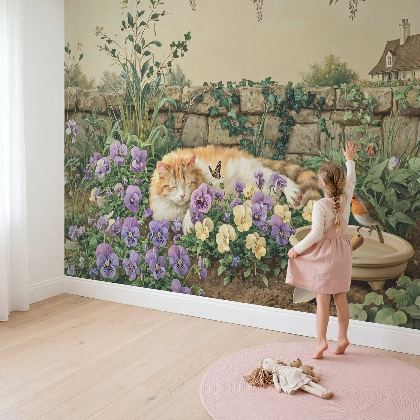 Child in nursery with Pansy Garden Sleepy Cat Wallpaper Mural by Whimsy Tots