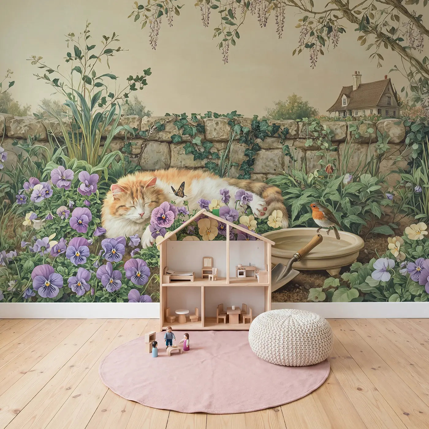 Pansy Garden Sleepy Cat Wallpaper Mural in playroom setting by Whimsy Tots