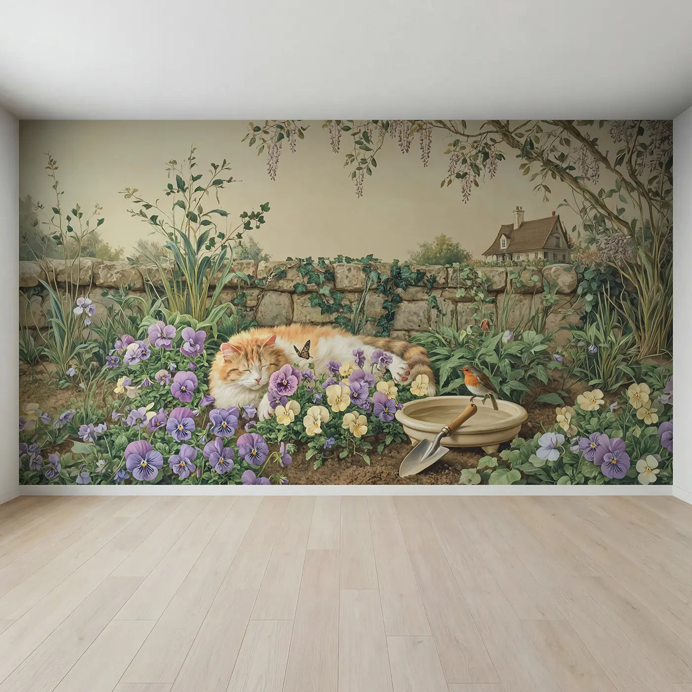 Full view of Pansy Garden Sleepy Cat Wallpaper Mural by Whimsy Tots