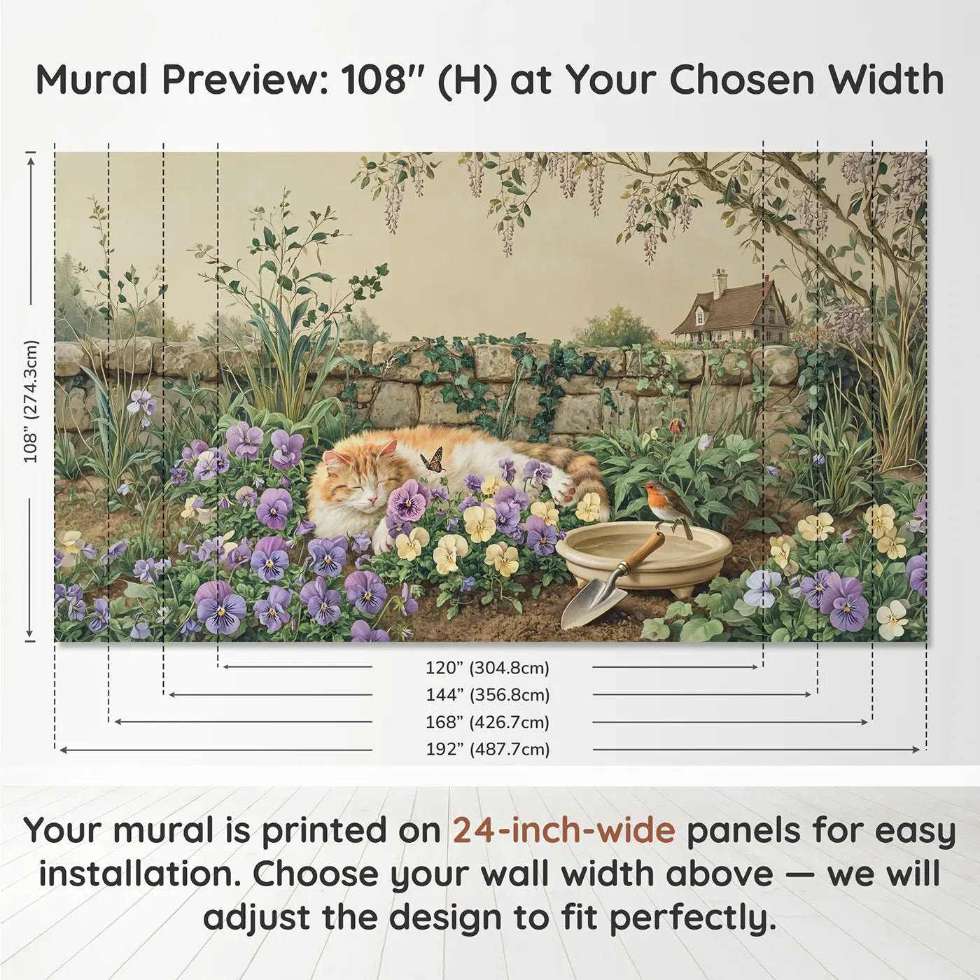 Panel layout and dimensions for Pansy Garden Sleepy Cat Wallpaper Mural by Whimsy Tots