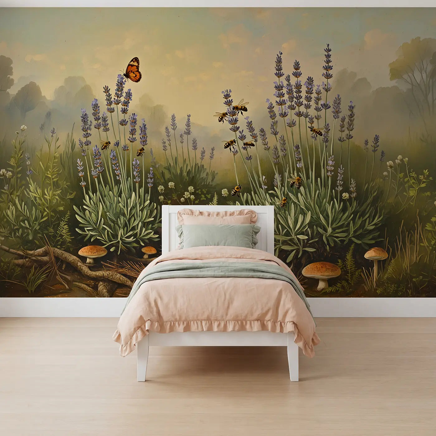 painted butterfly lavender garden bees wallpaper mural for kids room by Whimsy Tots