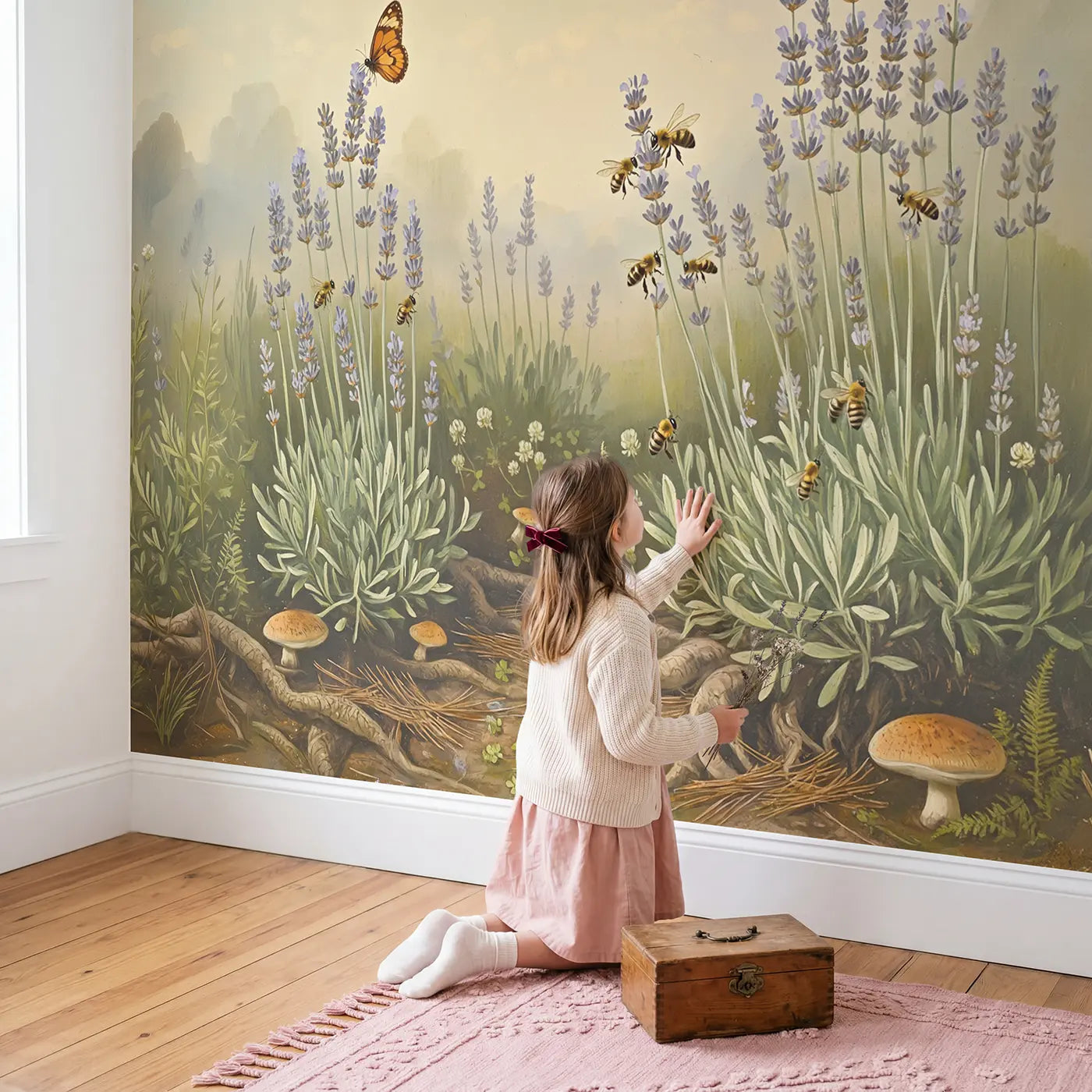 Child in nursery with Butterfly Landing Lavender Bees Wallpaper Mural by Whimsy Tots