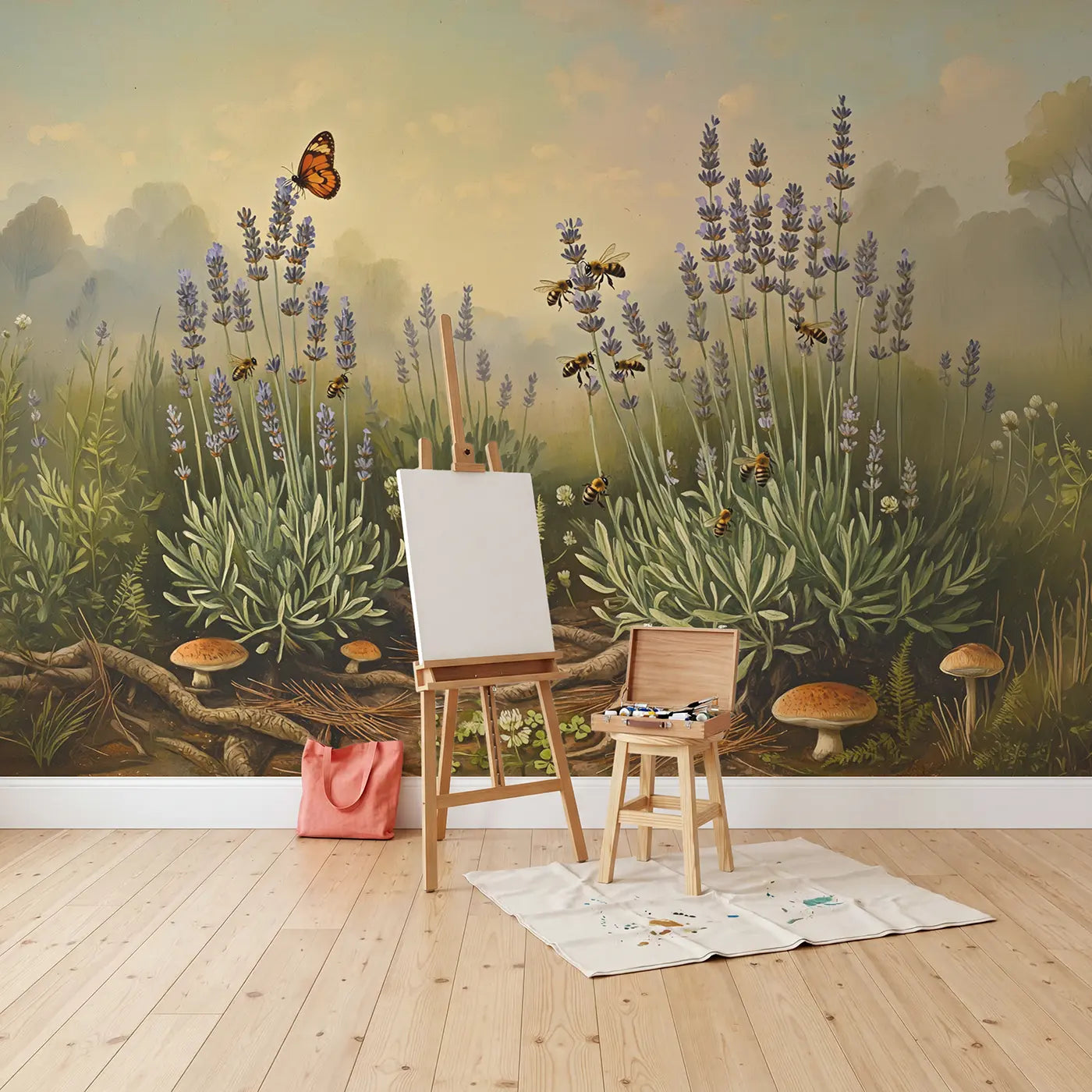 Butterfly Landing Lavender Bees Wallpaper Mural in playroom setting by Whimsy Tots