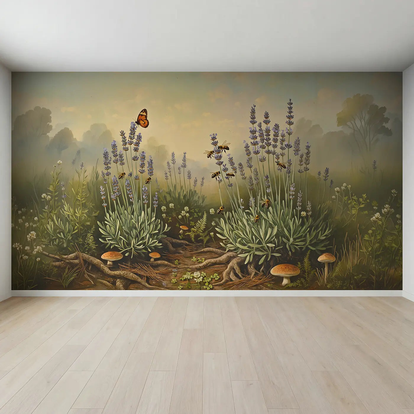 Full view of Butterfly Landing Lavender Bees Wallpaper Mural by Whimsy Tots