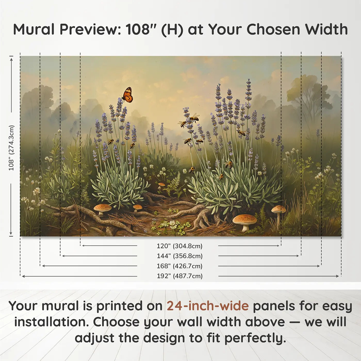 Panel layout and dimensions for Butterfly Landing Lavender Bees Wallpaper Mural by Whimsy Tots