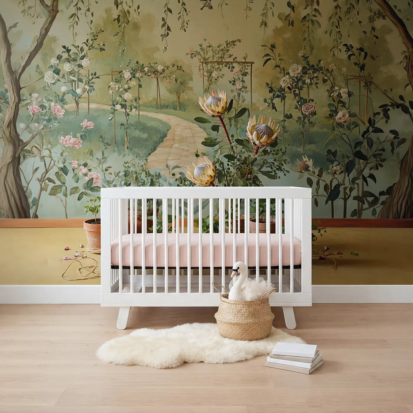 Botanical elegance protea eucalyptus floral wallpaper mural for nursery by Whimsy Tots