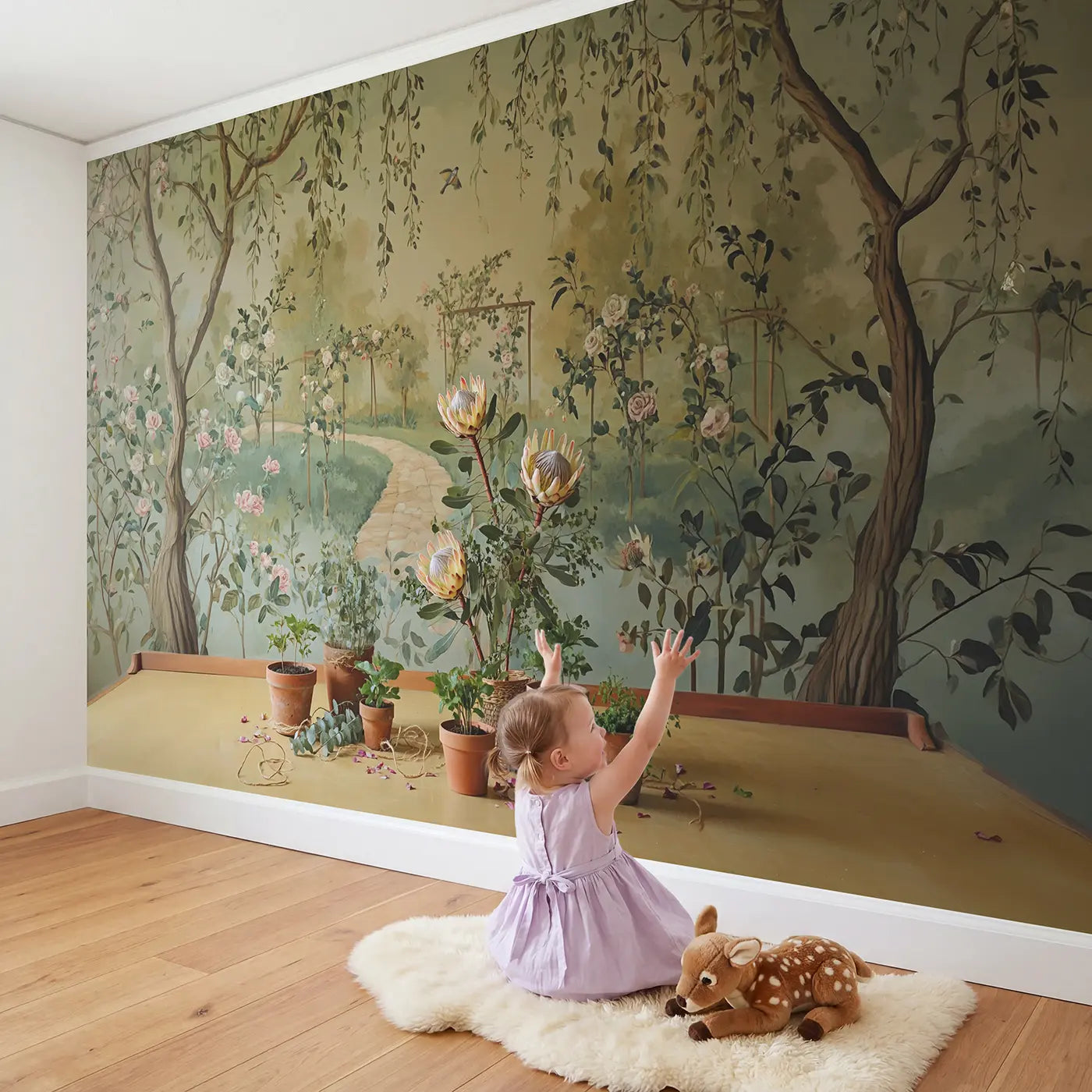 Child in nursery with Protea Eucalyptus Arrangement Wallpaper Mural by Whimsy Tots