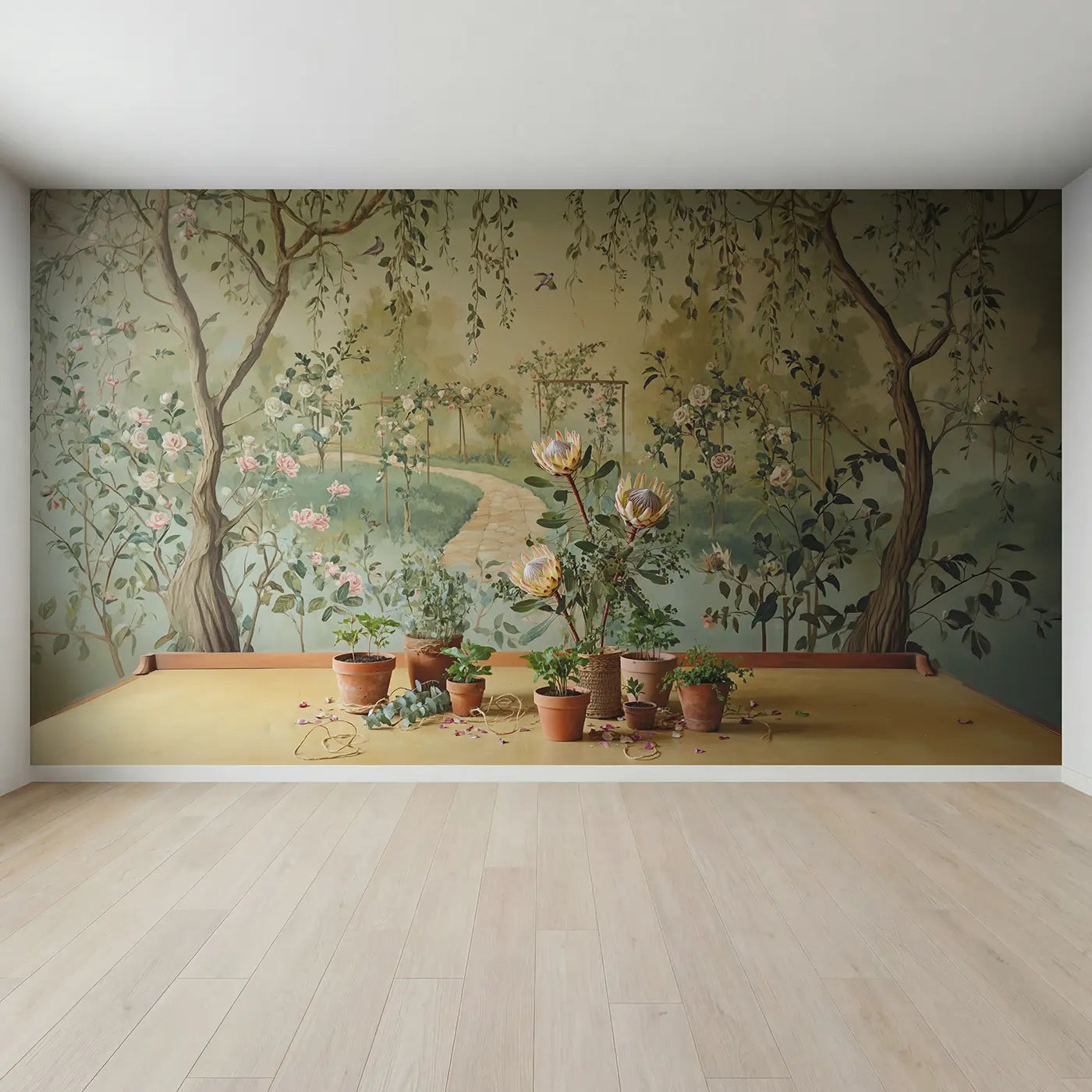 Full view of Protea Eucalyptus Arrangement Wallpaper Mural by Whimsy Tots