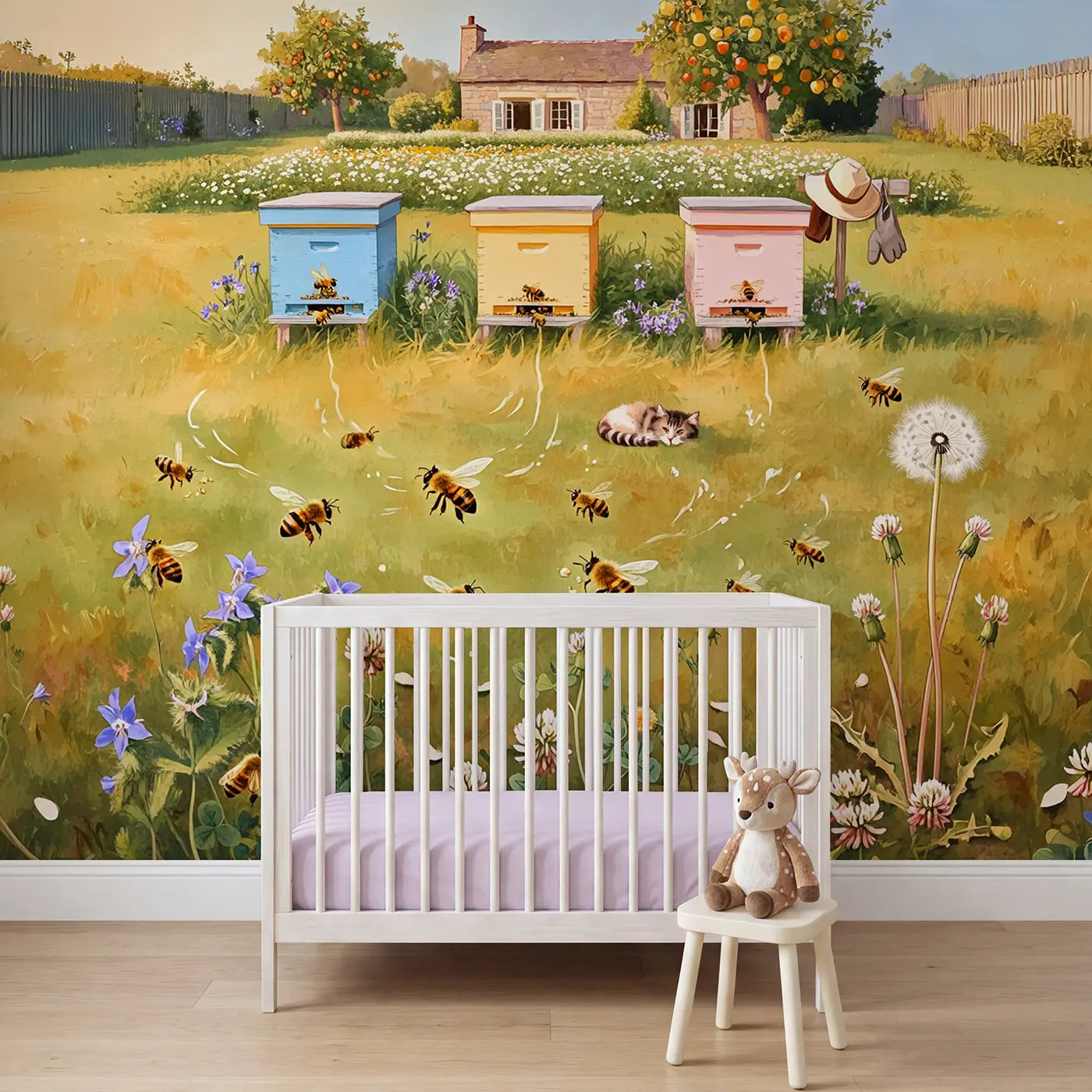 soft pastel beehive cottage wildflower meadow mural for girls nursery by Whimsy Tots