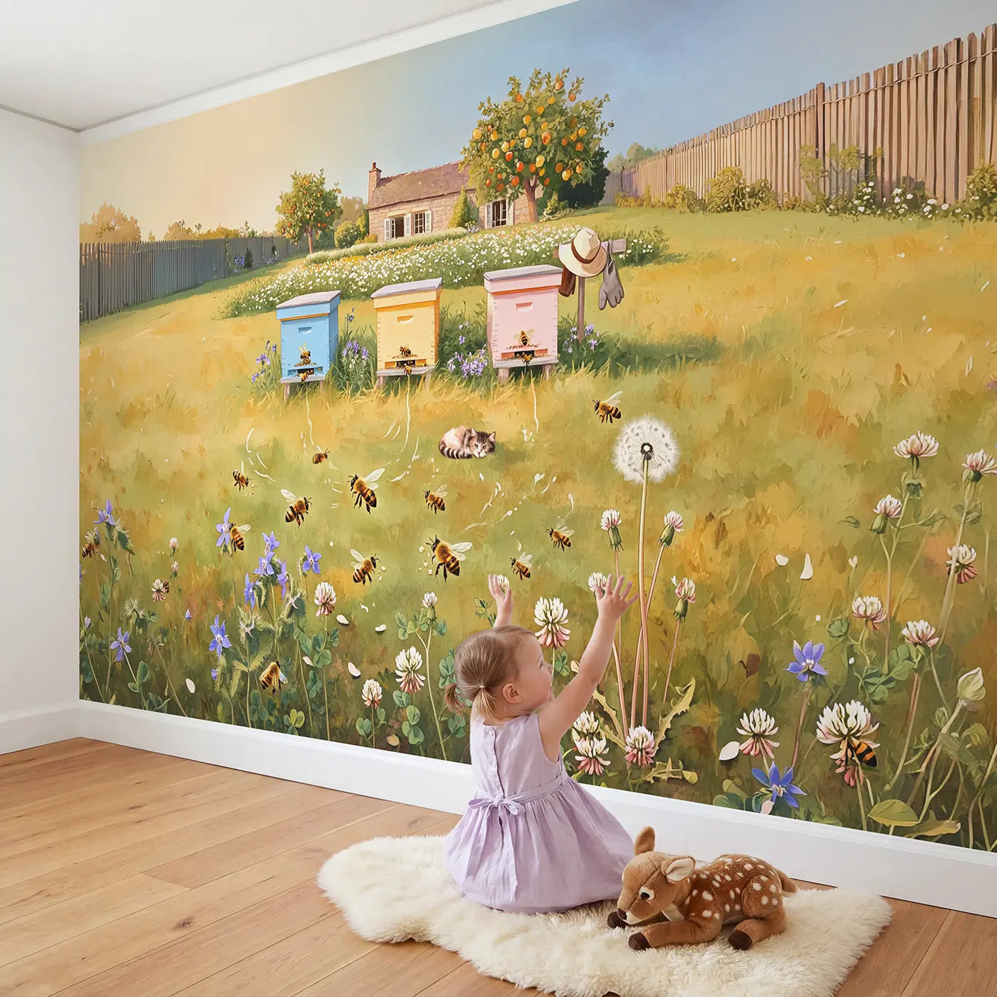 Child in nursery with Beehive Cottage Wildflower Meadow Wallpaper Mural by Whimsy Tots