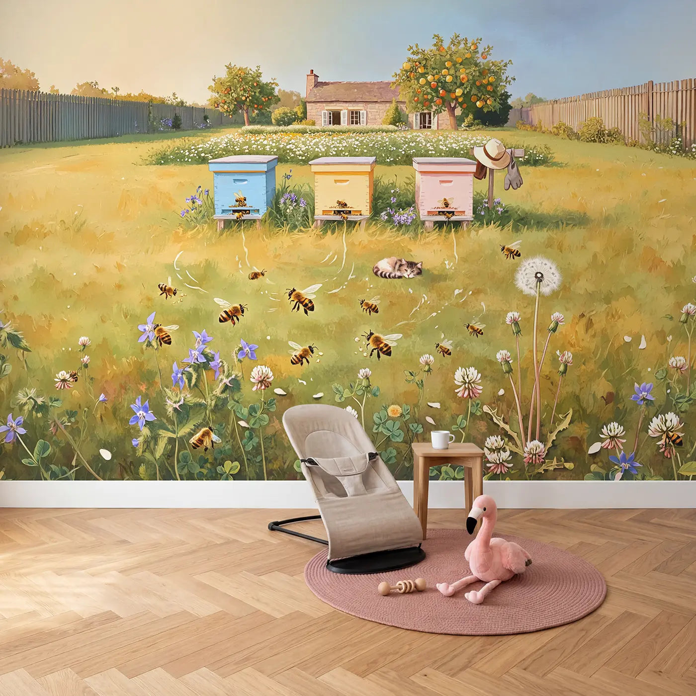 Beehive Cottage Wildflower Meadow Wallpaper Mural in playroom setting by Whimsy Tots
