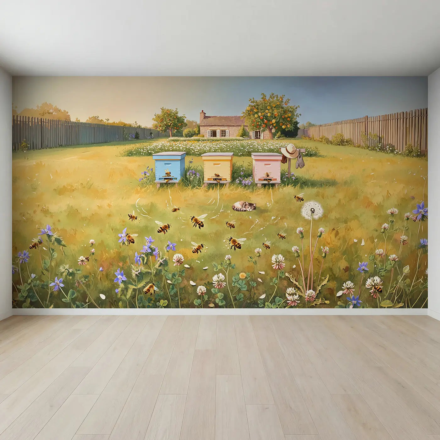 Full view of Beehive Cottage Wildflower Meadow Wallpaper Mural by Whimsy Tots