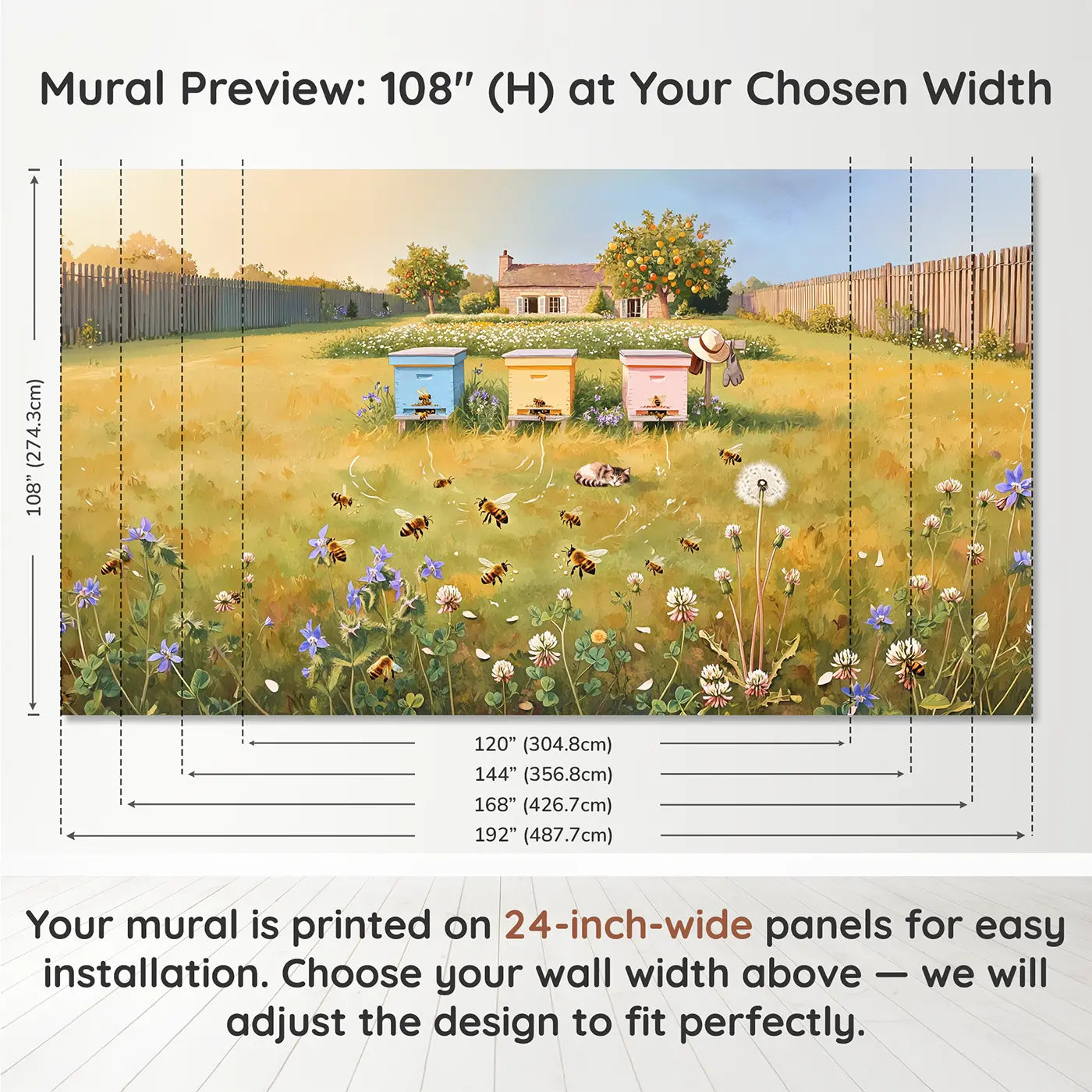 Panel layout and dimensions for Beehive Cottage Wildflower Meadow Wallpaper Mural by Whimsy Tots