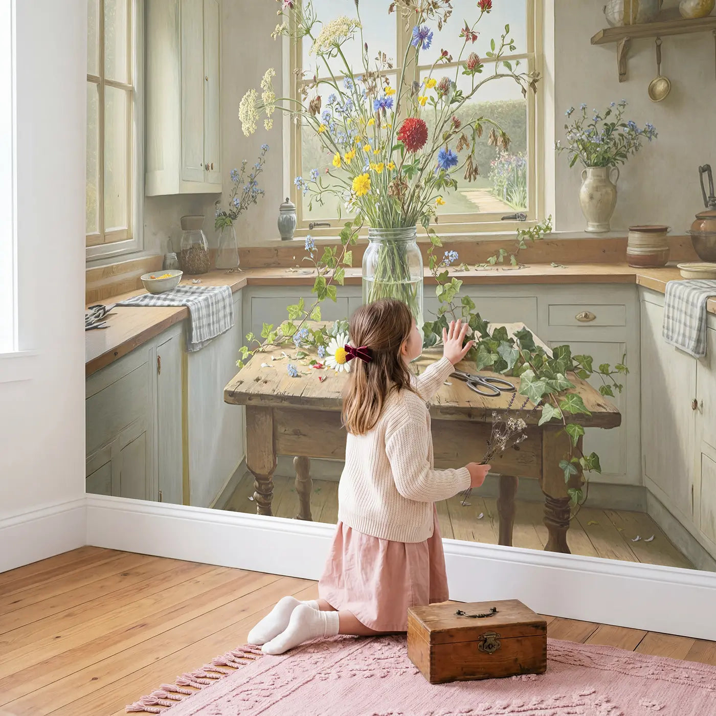 Child in nursery with Wildflower Jar Bouquet Wallpaper Mural by Whimsy Tots
