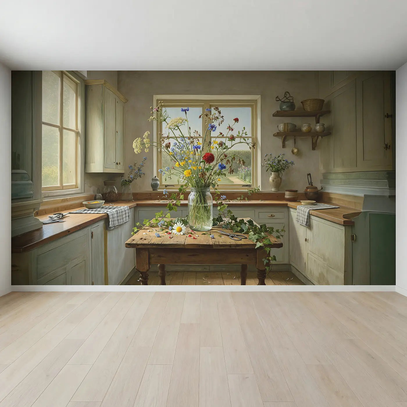 Full view of Wildflower Jar Bouquet Wallpaper Mural by Whimsy Tots