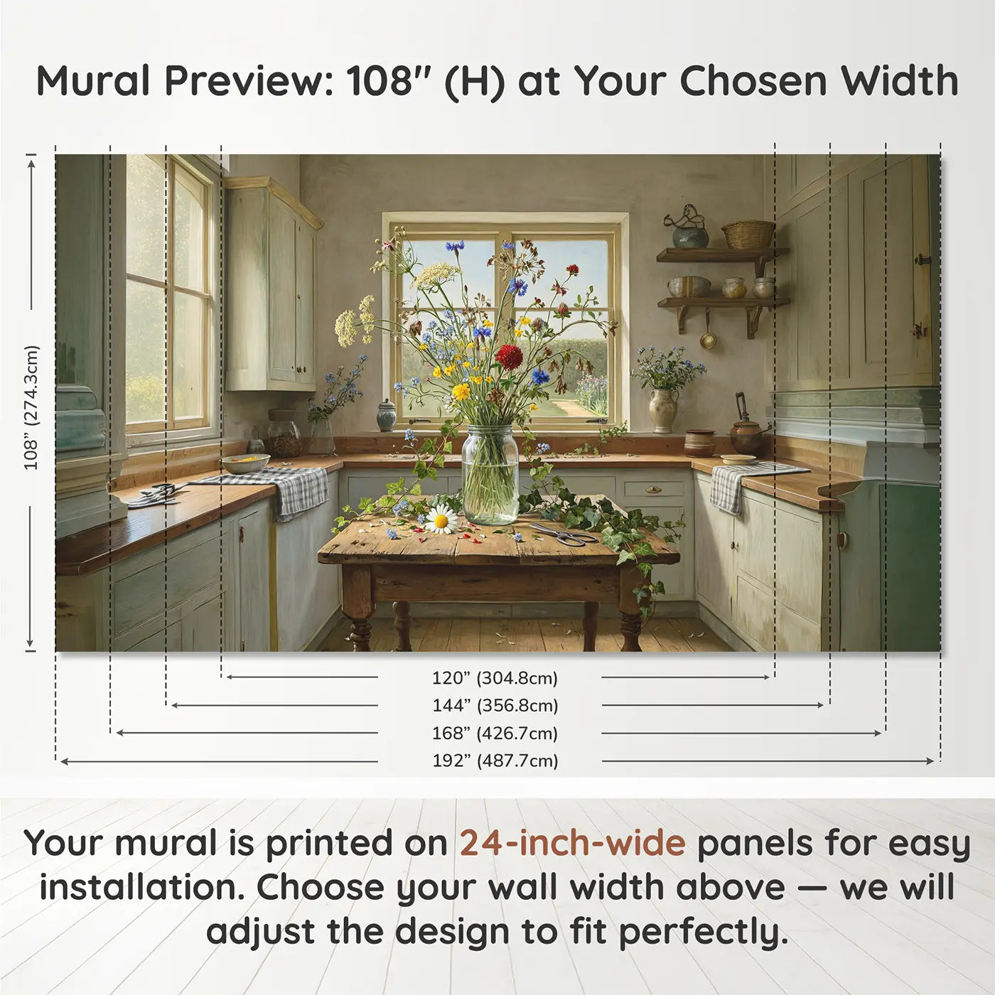 Panel layout and dimensions for Wildflower Jar Bouquet Wallpaper Mural by Whimsy Tots