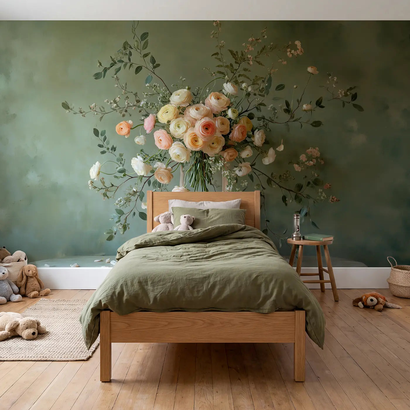 Botanical elegance ranunculus bouquet wallpaper mural for kids room by Whimsy Tots