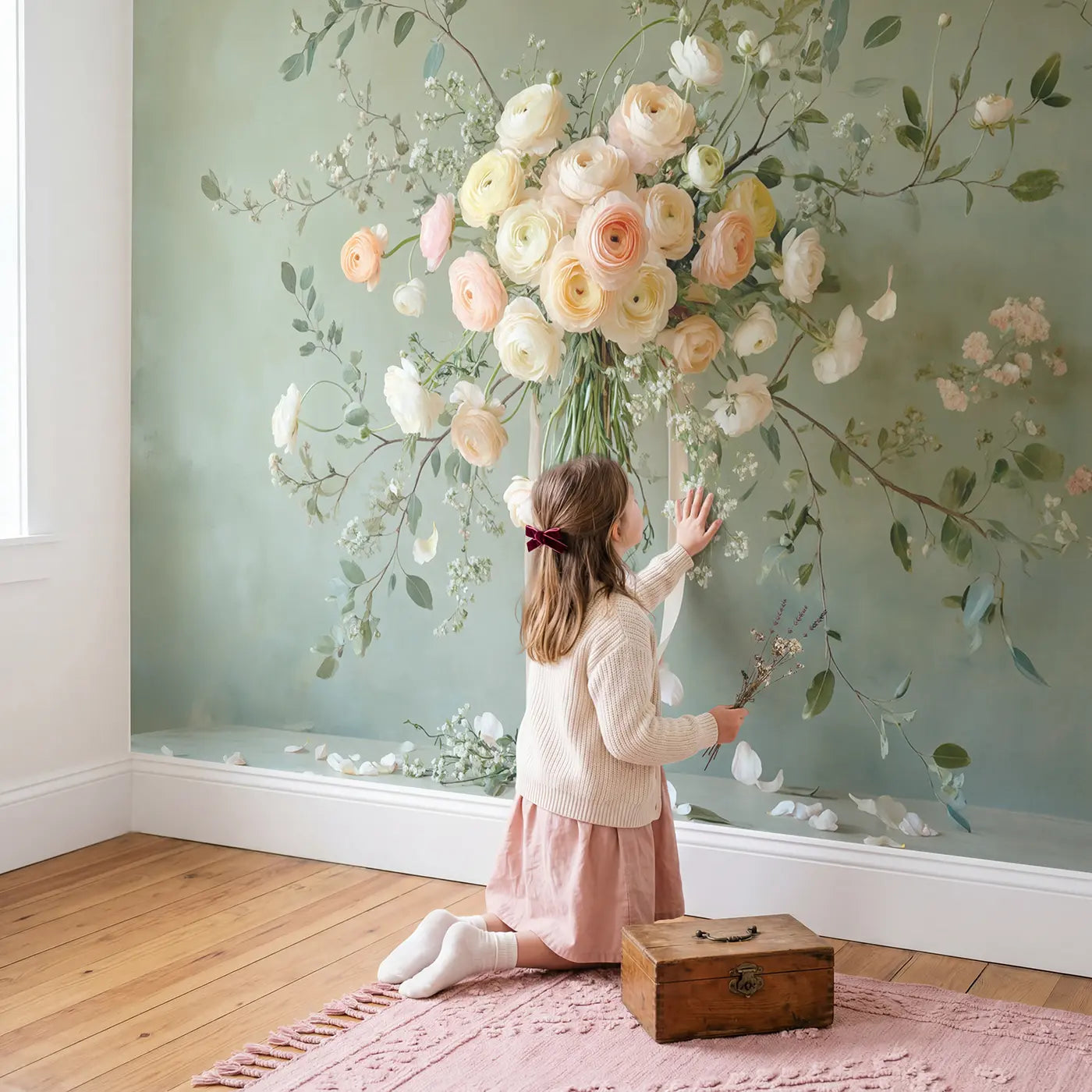 Child in nursery with Oversized Ranunculus Bouquet Wallpaper Mural by Whimsy Tots