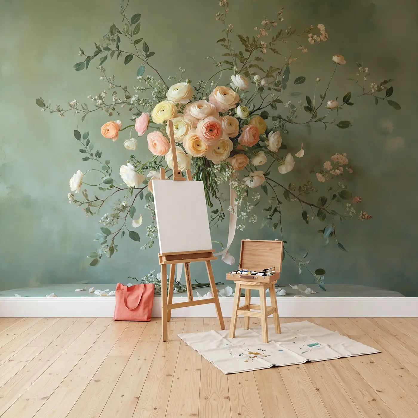 Oversized Ranunculus Bouquet Wallpaper Mural in playroom setting by Whimsy Tots