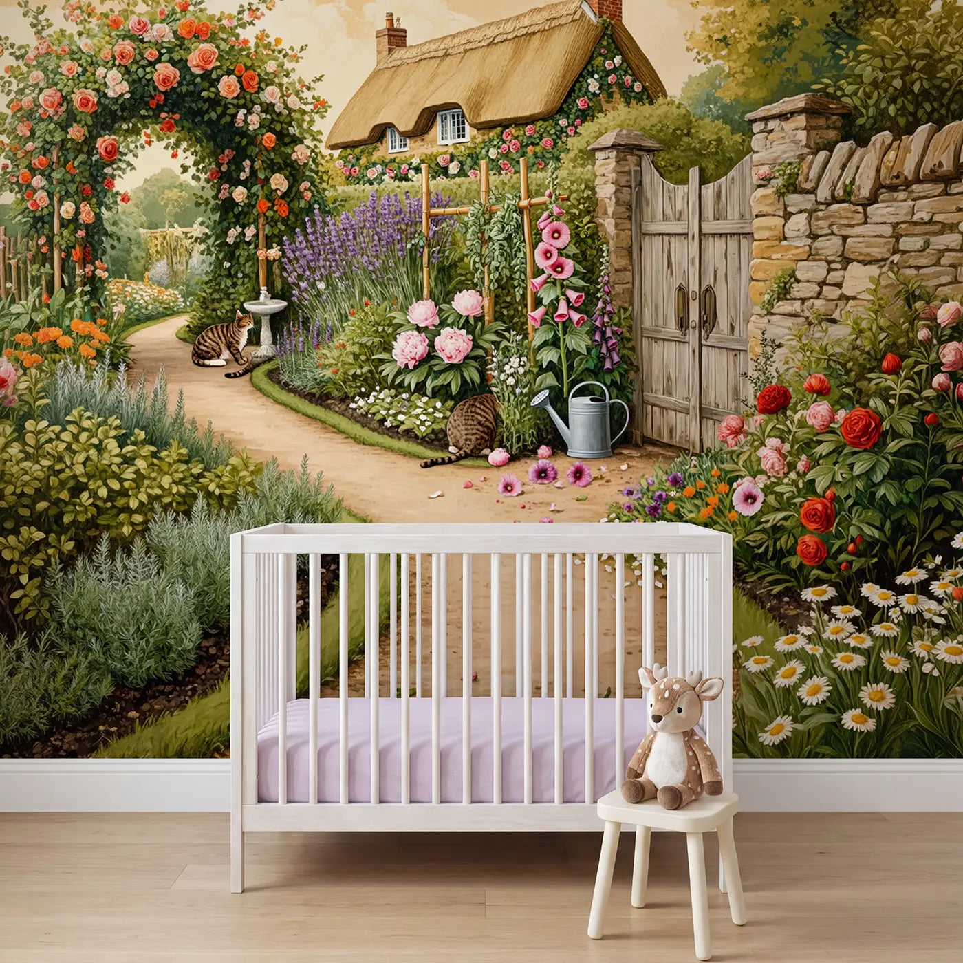 block print cottage garden path flowers wallpaper mural for nursery by Whimsy Tots