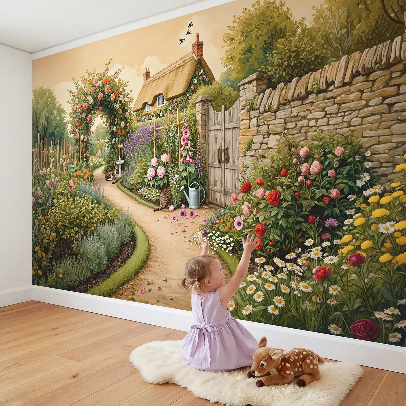 Child in nursery with Cottage Garden Path Wallpaper Mural by Whimsy Tots